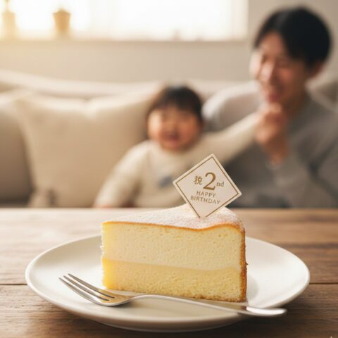 2歳の誕生日にルタオのドゥーブルフロマージュを食べる親子のイメージ