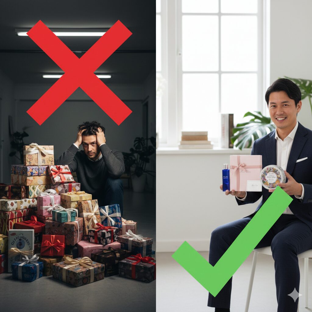 ホワイトデーの3倍返しは古い?と問いかけるイラスト。困惑する男性と、スマートなギフトを渡す男性の対比。