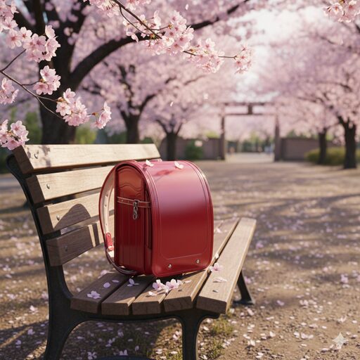 春の柔らかな日差しの中にある桜とランドセルのイメージ。