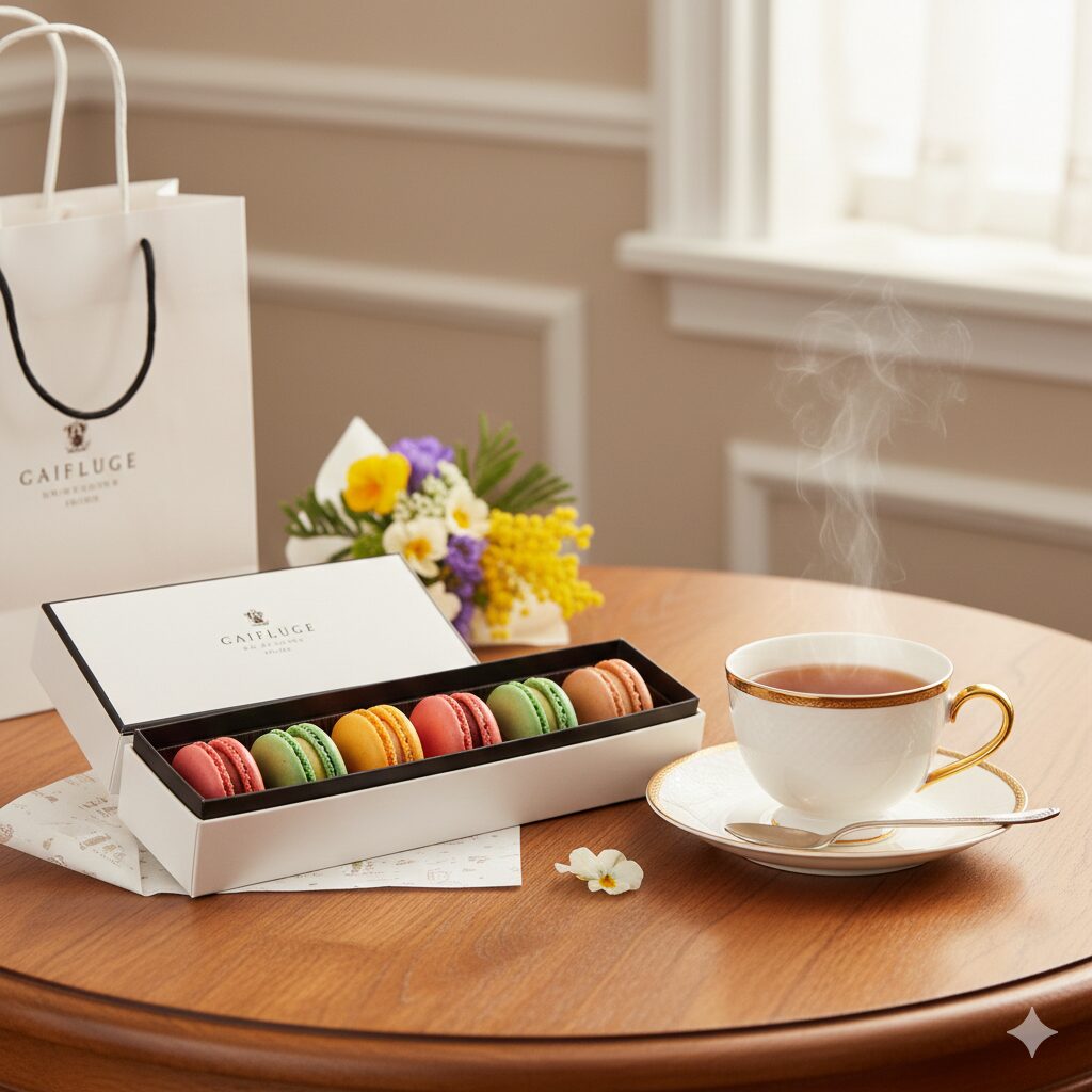 高級感のあるピエール・エルメ風のマカロンとお洒落なティーセット