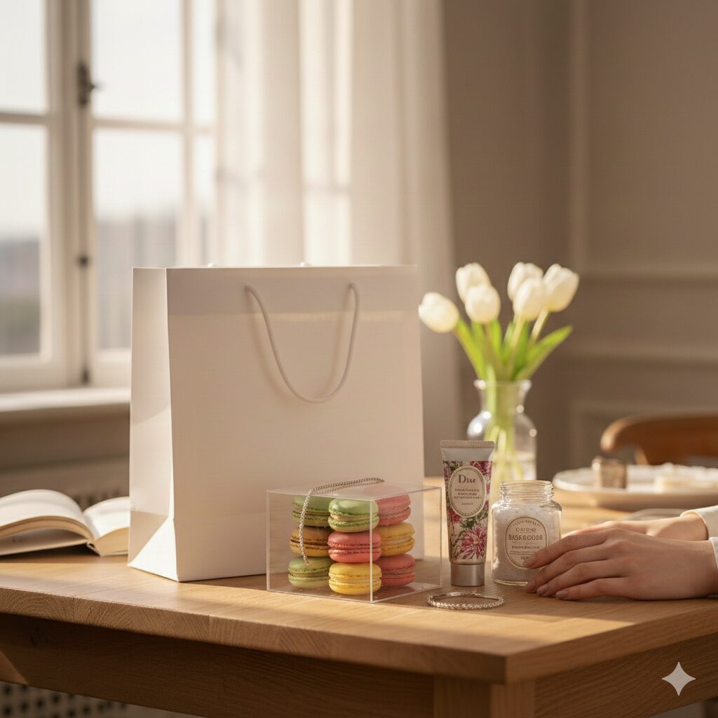 ホワイトデーのお返しとしてテーブルに置かれたマカロン、ハンドクリーム、入浴剤と白いギフトバッグ