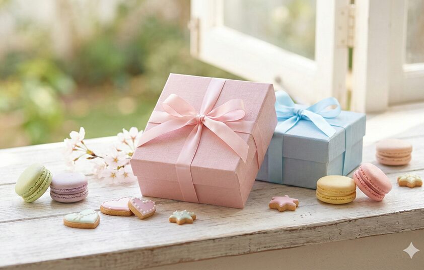 ホワイトデーのお返しを選ぶ小学生の親向けのイメージ。春らしい背景とギフトボックス。
