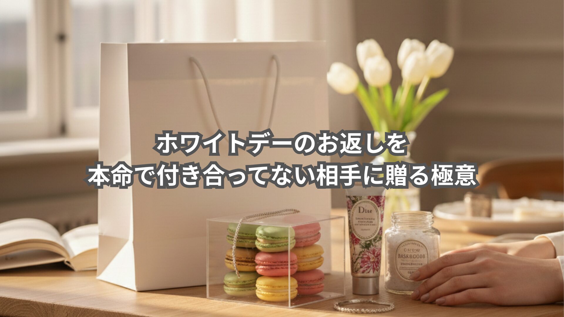 ホワイトデーのお返しとしてテーブルに置かれたマカロン、ハンドクリーム、入浴剤と白いギフトバッグ