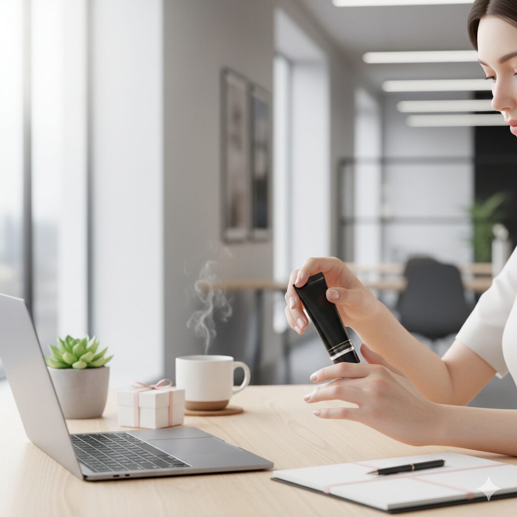 仕事中にデスクでハンドクリームを使ってリラックスする社会人女性の手元