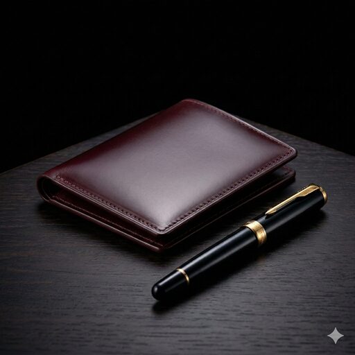 美しく整えられた、最高級コードバン名刺入れと高級万年筆の佇まい