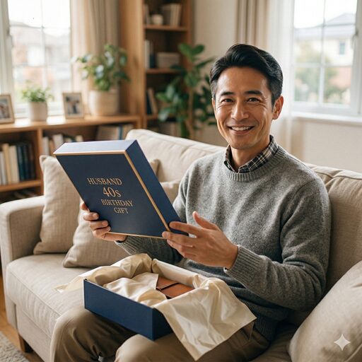 プレゼントの箱を開封し、自宅のソファで奥様に向かって最高の笑顔を見せるリラックスした40代の夫