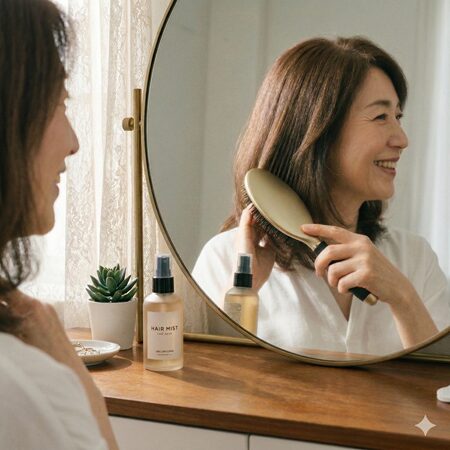 洗練された美容ブラシとヘアミストで髪を整える60代の母親
