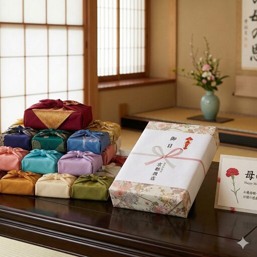 上品な和柄の包装紙でラッピングされた義母向けの母の日ギフト