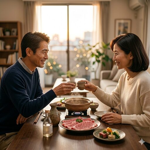 夕暮れ時のリビングで、高級な和牛肉と日本酒を囲み、笑顔で乾杯を交わす仲睦まじい40代の夫婦